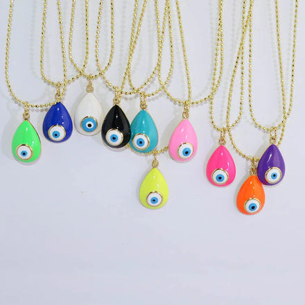 NM1269 Dainty Rainbow Jewelry Gold Plated Enamel Multicolor Evil Eyes Teardrop Drop Ball Pendant Chain Statement Necklace