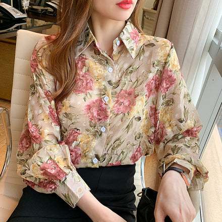 Women's 2025 Long Sleeve Blouse Printed Chiffon Woven Knitted Fabric Button Decoration Tops Blouses Shirts 5036#