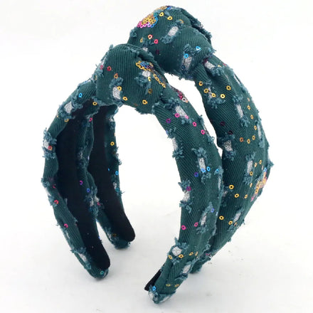 DREAM FASHION Christmas Demin Green Glitter Designer Pearl Fleece Headbands Custom Child Hair Accessories
