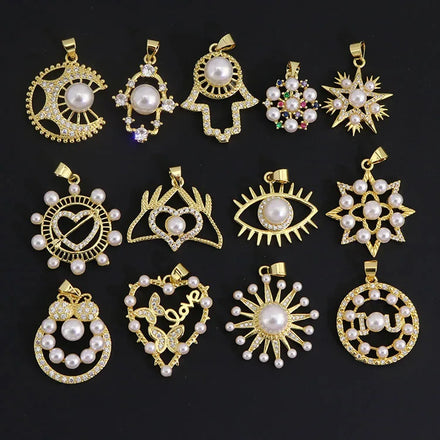 CZ8604 Dainty Chic 18K Gold Plated Brass Cubic Zirconia Diamond Pearl Paved Hamsa Hand Heart Star Butterfly Wing Charm Pendants