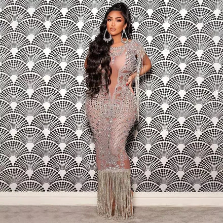Sparkly Diamond Dress See Through Evening Dresses Silver Crystal Fringe Evening Gown Sexy White Glitter Dress