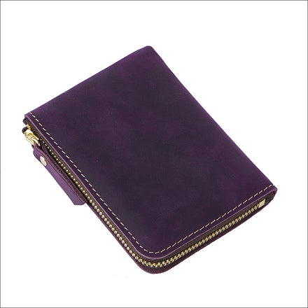Handmade Genuine Leather Short Unisex Vintage Crazy Horse RFID Durable Zipper Customized Logo Dot Pattern Credit Card Money Clip