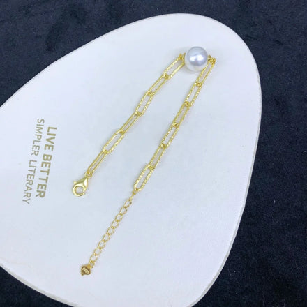 B479 10-11mm 925 Sterling Silver Gold Plated Wholesale Freshwater Pearl Charm Bracelet Bangle Fancy Jewelry for Women