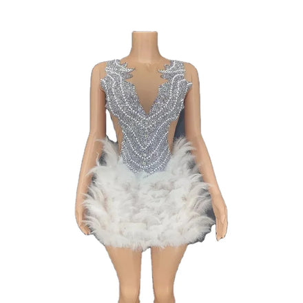 Luxury Sexy Birthday White Feather Vintage Dress V-ncek Sleeveless Vestido De Noiva for Dance Stage Show Club Music Festival