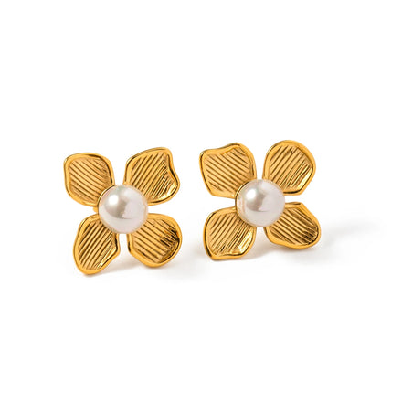 J&D Jewelry 18K Gold Plated Stainless Steel Round Shell Pearl Texture Flower Stud Earring for Women