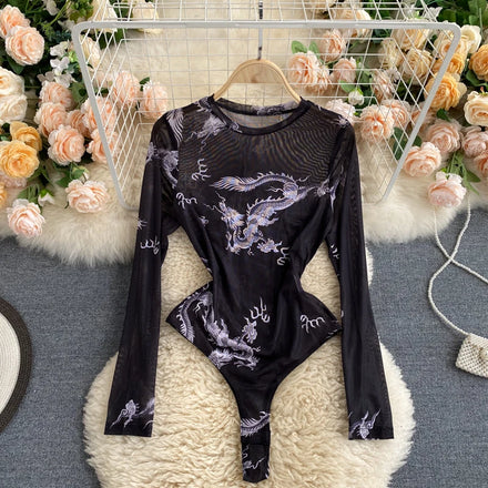 Full Sleeve Print Casual Bodysuits Autumn High Waist Vintage Body Suits Ladies Retro Rompers One Piece Wholesale