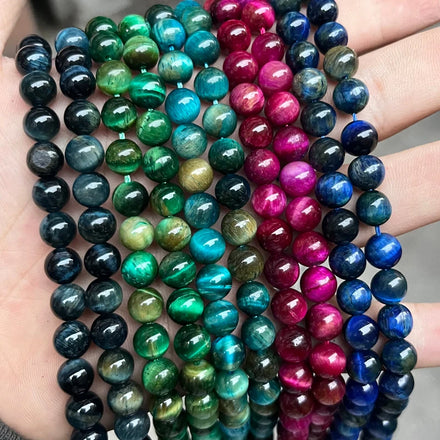 Wholesale Tiger Eye Green Fuchsia Indigo Blue 6mm 8mm 10mm Round Tiger Eye Stone Beads for Jewelry Making