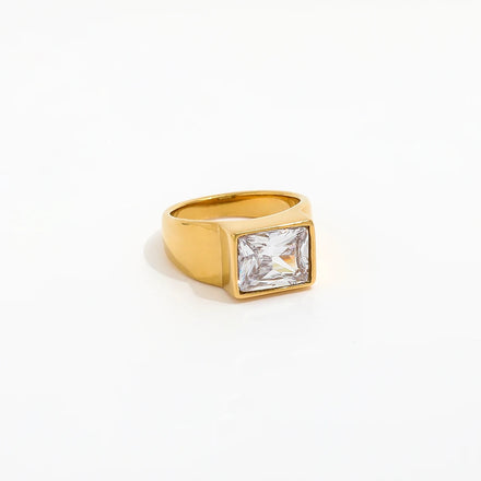 Fenny Stainless Steel Chunky Permanent Rectangle Zirconia Ring Trendy for Women 18K Gold Plated Wholesale Jewelry
