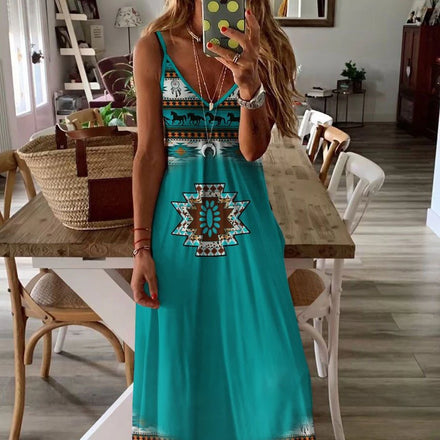 2024 Summer Turquoise Women's Casual Loose Maxi Long Dress Tribal Aztec Horse Printed V-Neck Natural Beach Boho Digital Dress