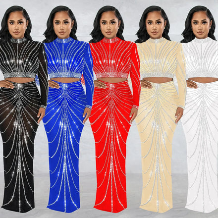 S-XXL European and American Fashion Women's Gauze Hot Drilling Perspective Long Sleeve Long Skirt Two-piece Evening Dress
