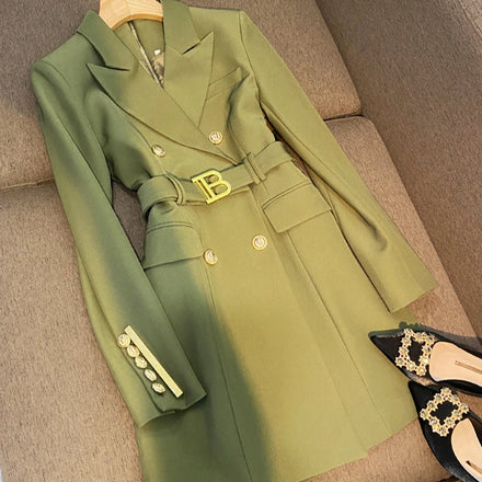 Elegant Double-breasted Long Sleeve Notched French Style Women Office Blazer Dress With Belt