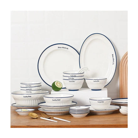 Nordic Blue Line Tableware Dishes Household Ceramic Rice Dinner Set Dinnerware Luxury Porcelain