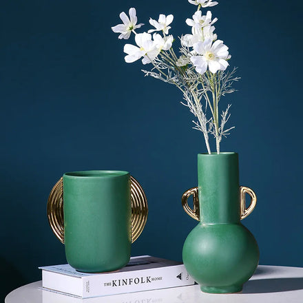 Factory Price Unique Geometric Green Gold Ceramic Vase Modern Luxury Nordic Textured Ornament for Home Decor