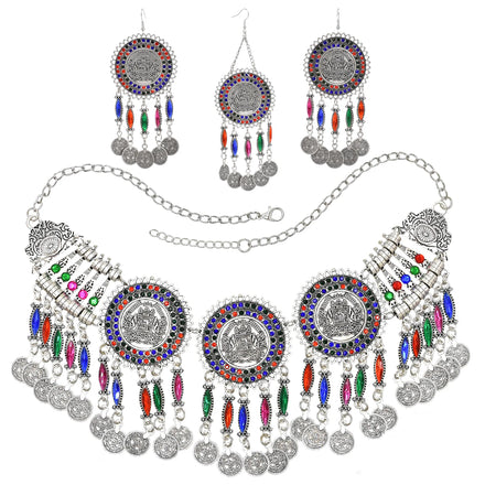 Colorful Crystal Coin Necklaces Earrings Hair Clips Sets Festival Dance Party Jewelry Sets Bohemian Vintage Metal