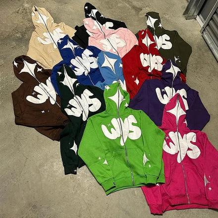 Cotton Polyester Oversize Solid Zip-Up Hoodie with Custom Rhinestone Embroidery Full Face Zip -XL