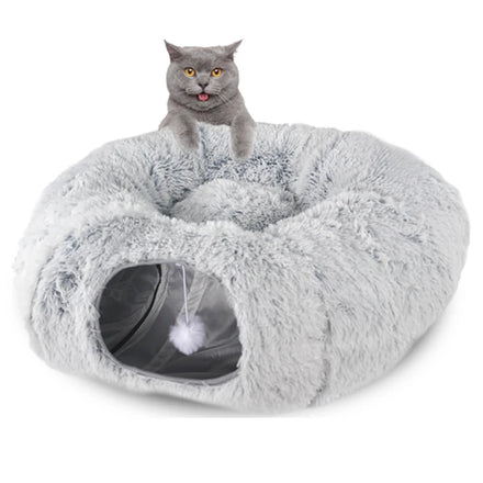 ZMaker Cat Tunnel Bed with Central Mat Collapsible Plush Cat Tunnel Bed with Cushion Tube Cat Tunnel Tube Toys