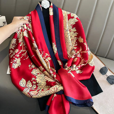 Stylish Newest Oversized Red Silk Printed Christmas Scarf Luxury Golden Flower Print Foulard Marocain for Women Hijabs & Shawls