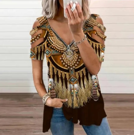 Wholesale 2025 Vintage Cowgirl Zip-up V-Neck Tee Tops Short Sleeve T-Shirts for Women Print Pattern Summer Fashion