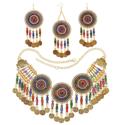 Necklaces Hairband Earrings Sets for Women Bohemian Colorful Rhinestones Vintage Coin Tassels Jewelry Sets