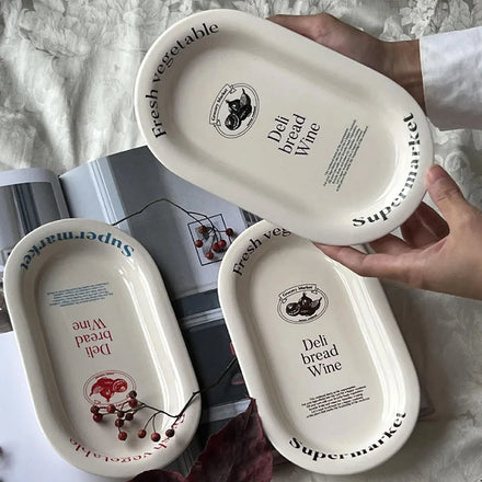 French Retro Western Cake Plate Korean Ins Oval Ceramic Plate Girl Gift