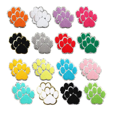 New Design Iron on Glitter /Sliver Edge Colorful White Black Chenille Paw Patch for Decoration