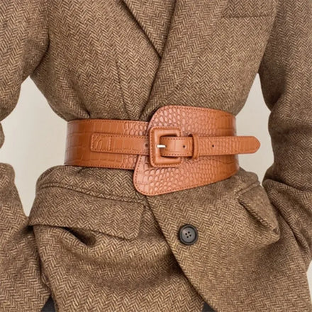 Low MOQ Vintage Wide Stone Pattern PU Leather Elastic Belt for Ladies' Winter Coats