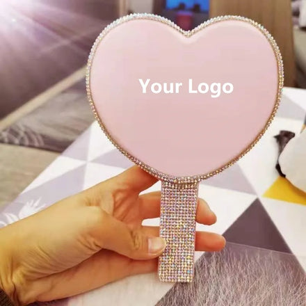 Wholesale Single Sided Makeup Mirror with Handle Custom Logo Hand Mirror for Beauty Girls Apply Cosmetics Mirror with Rhinestone