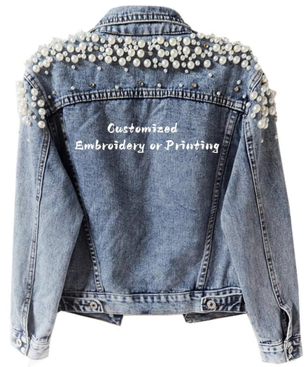 Hiking Women's Embroidered Rivet Pearl Short Denim Jacket Coat Pearls Beading Denim Jackets Loose Short Jean Coat Outerwear