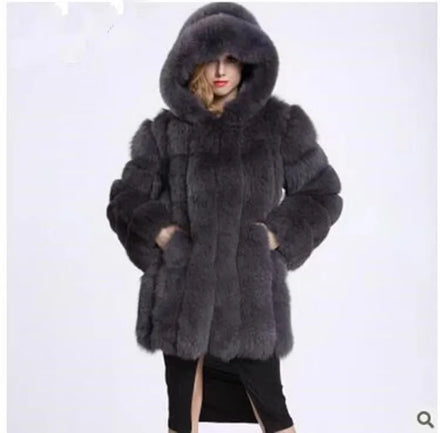 Classic Design European Hooded Fashion Real Fox Fur Long Coat