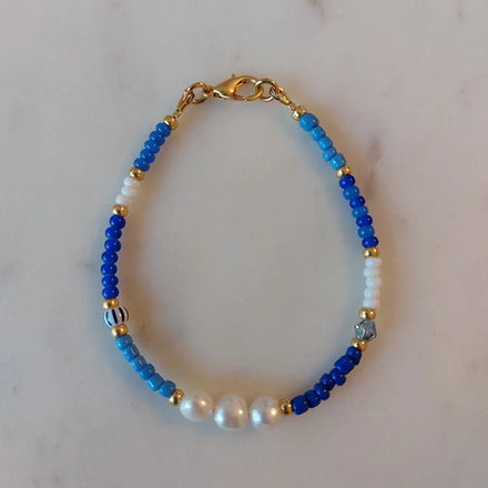 Custom Beads Bracelet With Logo Bohemia Freshwater Pearls Gold Beads Charm Blue Glass Bead Gold Plated Bracelet