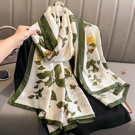 Wholesale 2023 New Plain White Flower Pattern Silk Printed Scarves for Woman Hijabs Elegant Soft Floral Silk Neck Scarf for Lady