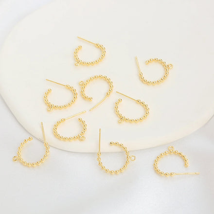 18k Gold Plated Brass Earrings Small Spherical Poledot Ear Needle DIY C Earrings with Hanging Ring