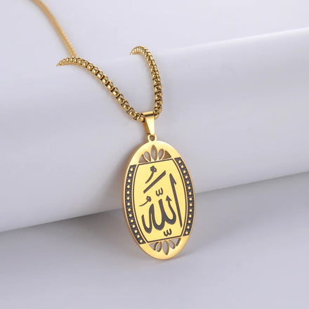 Religious Allah 18K Gold Stainless Steel Fine Jewelry Necklace Men Hip Hop Square Engraved Necklace