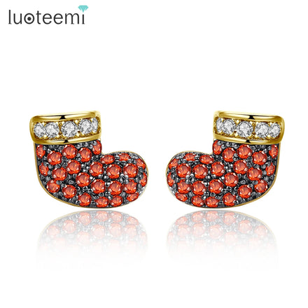 LUOTEEMI Brand Trendy Fashion Jewelry Cute Tiny Ruby and Black CZ Sock Christmas Stud Earrings for Girls