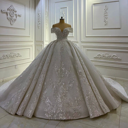 Jancember CJ059 Vintage Princess Lace Appliqued Flower Ball Gown Dress Women Wedding