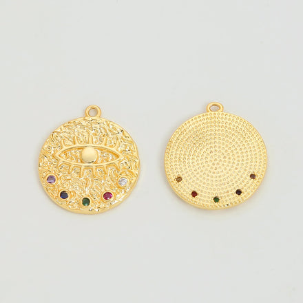 5Pcs/Bag 18K Gold Pated Brass Pendants Helios Disc Charms for Jewelry Making Eye of God Colorful Zircon Pendant