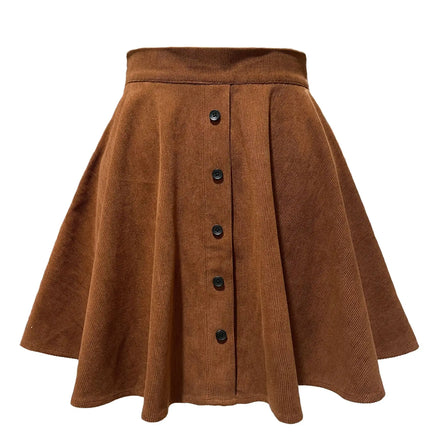 Women's Retro Button up Corduroy Flare High Waist a Line Mini Skirt