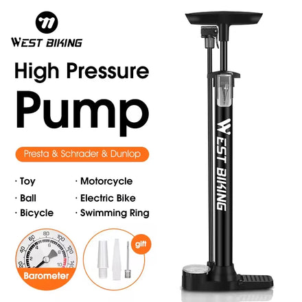 WEST BIKING Portable Mini 140PSI High Pressure Inflatable Air Floor Hand Pump T-Handle Foldable Base Cycling Bicycle Pump