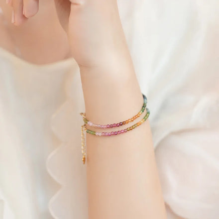 Zooying 2mm Tiny Tourmaline Bracelet Natural Stone Rainbow Color Gemstone Mini Beaded Bracelet