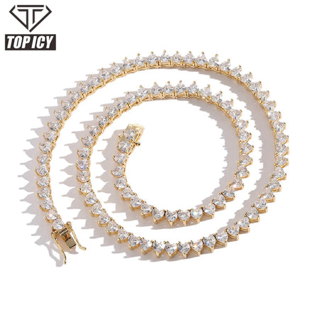 Top Icy Iced Out 4mm Heart Tennis Chain Fashion Jewelry Necklace Brass 18K Gold Plated 3A CZ Shiny Chain Necklace Women Men