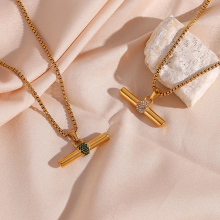 2023 New Design Micro Pave CZ Cubic Zircon T Bar Stainless Steel Necklace 18K Gold Plated T Bar Pendant Necklace for Women
