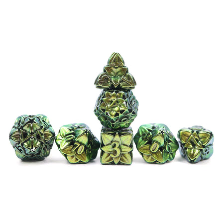 Custom Logo Polyhedral RPG Dungeons and Dragons D&D DND Hollow Green Metal Dice Game Set with Metal Box Packaging