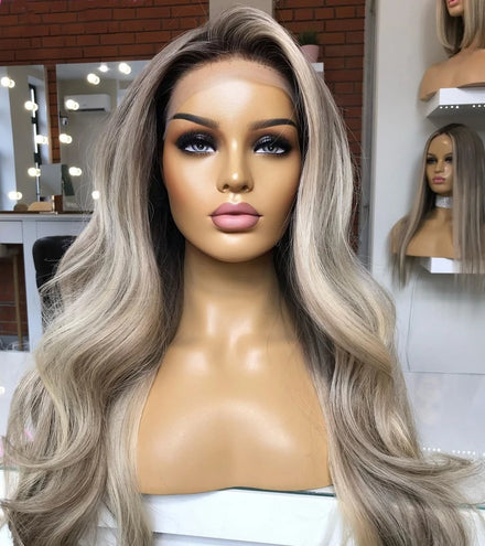 Double Drawn Highlight Ash Blonde Color Straight Wave Virgin European Cuticle Aligned Human Hair HD Lace Front Wigs
