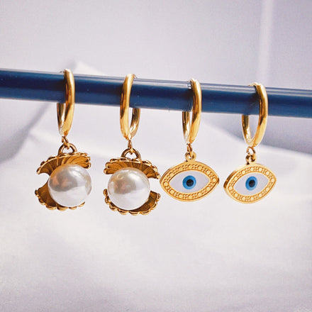 Dangle Drop Baroque Pearls Gothic Punk Goth Earrings Boho Stainless Steel Evil Eye Hoop Earrings 18k Gold Plated Jewelry