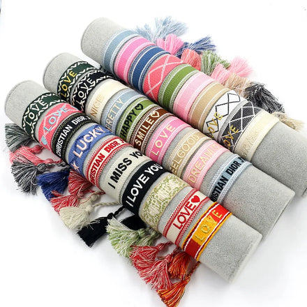 Letter Love Lucky Happy Embroidered Logo Adjustable Tassel Jewelry Polyester Woven Friendship Custom Bracelet