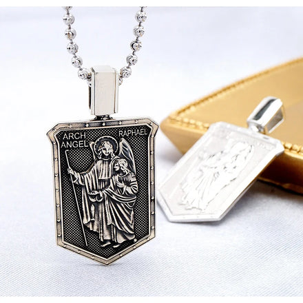 Fine Men Silver Jewelry Pendant 925 Medal Arch Angel Raphael Oxidized Pendant Religious Charms for Necklace