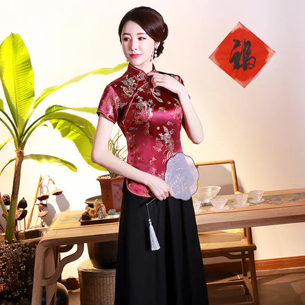 Traditional Chinese Mandarin Collar Women's Vintage Tang Coat Casual Short-Sleeved T-Shirt Button Summer Tops Dragon Phoenix