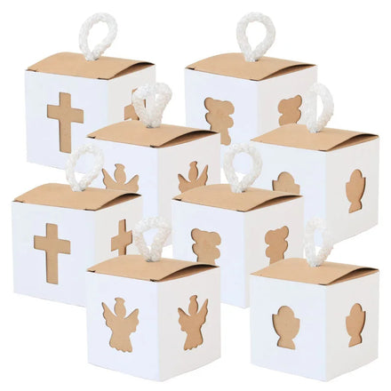 Christening Gift Box for Girls and Boys Baptism Religious Party Paper Favor Candy Gift Bags Cross Angel Design Kraft Paper Box