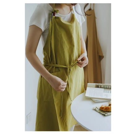 Factory Custom Design Solid Color Japanese Style Kitchen Chef Cooking Cotton Linen Apron With Two Pockets