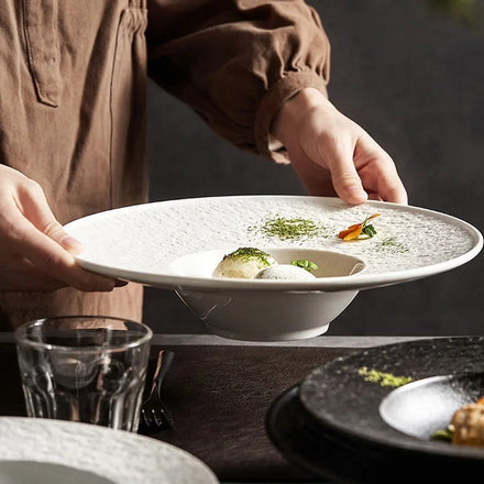 Stone Texture Ceramic Wide Rim Pasta Plate Creative Artistic Porcelain Soup Bowl for Fine Dining Restaurants